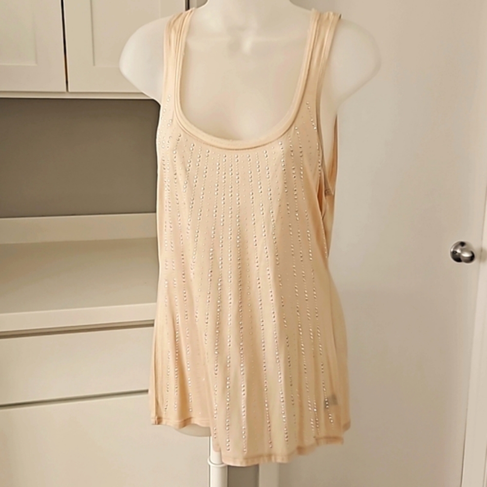 White House Black Market Beige Tank Top Sz. M Silver Beading